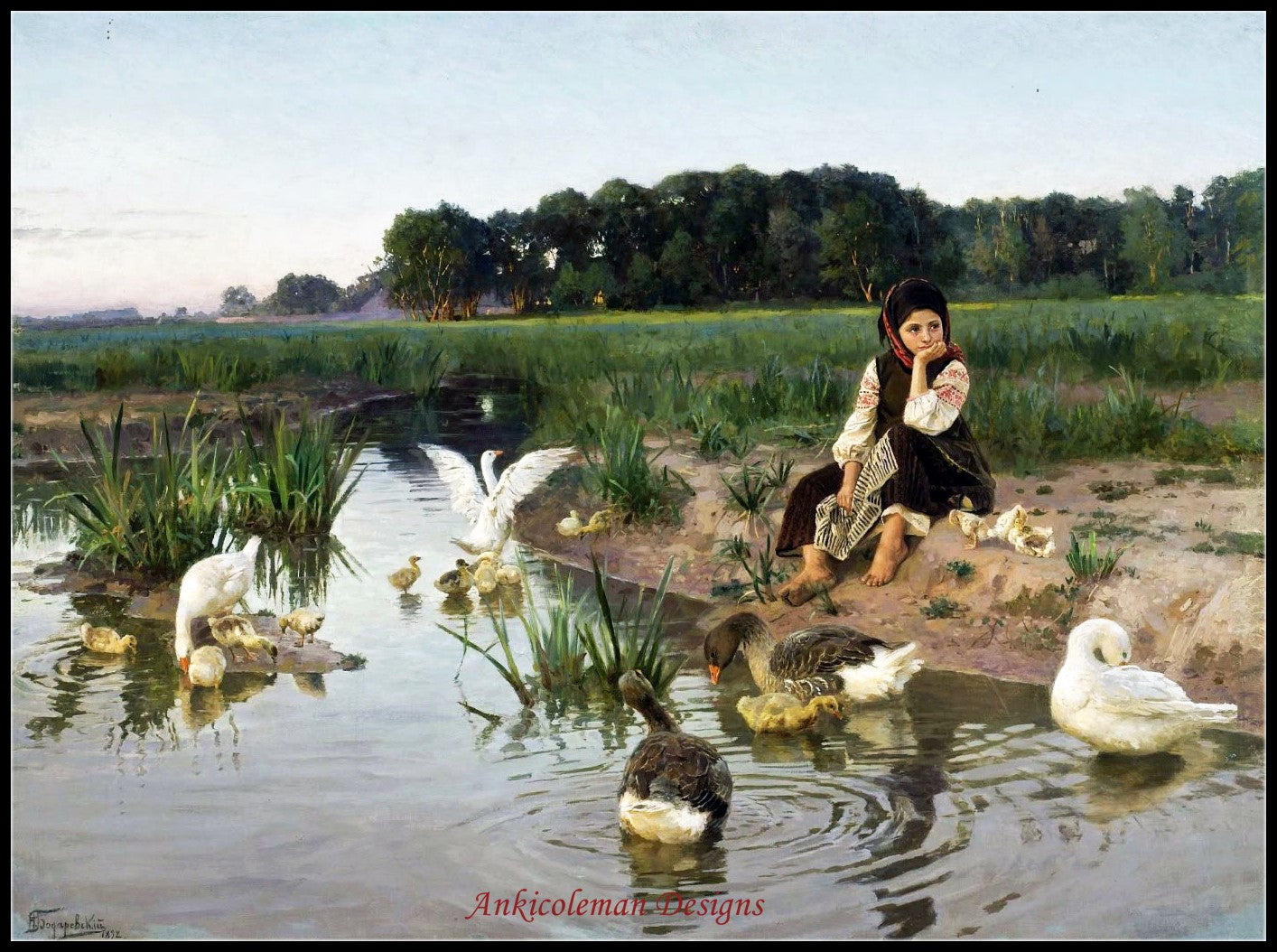 Ukrainian Girl Tending Geese - Counted Cross Stitch Patterns Embroidery Crafts Needlework DIY Chart DMC Color