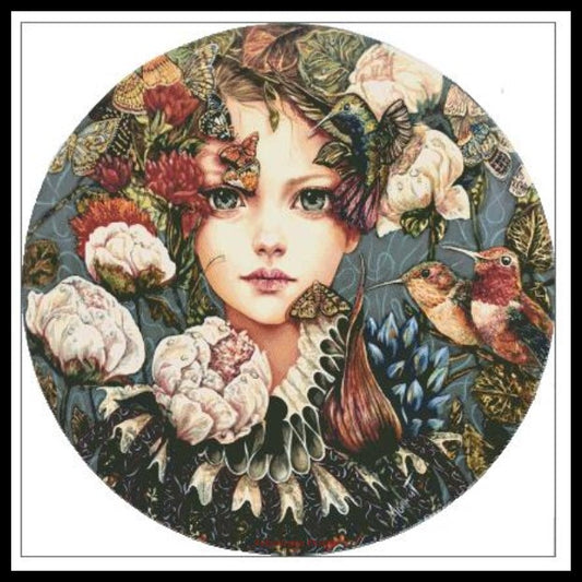 Girl with Hummingbirds and Flowers - Counted Cross Stitch Patterns Embroidery Crafts Needlework DIY Chart DMC Color