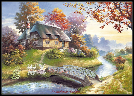 Creek Side Cottage - Counted Cross Stitch Patterns Embroidery Crafts Needlework DIY Chart DMC Color