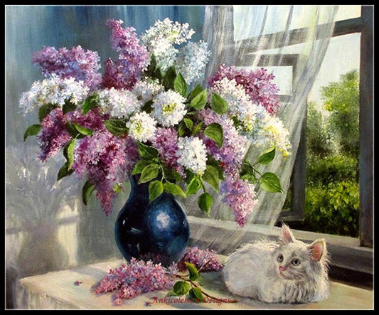 Lilacs with a Cat - Counted Cross Stitch Patterns Embroidery Crafts Needlework DIY Chart DMC Color