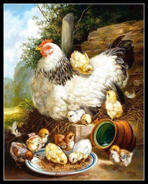 Hen with Her Chicks - Counted Cross Stitch Patterns Embroidery Crafts Needlework DIY Chart DMC Color