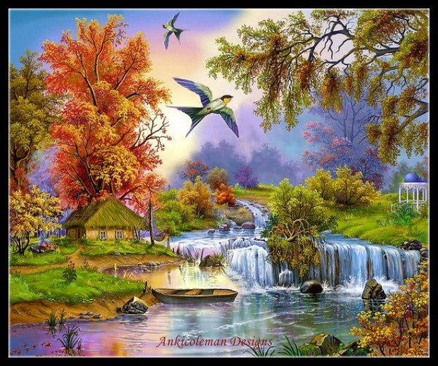 Spring Waterfall - Counted Cross Stitch Patterns Embroidery Crafts Needlework DIY Chart DMC Color