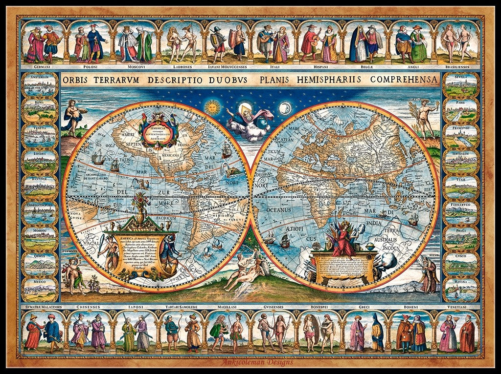 A Map of the World 1639 - Counted Cross Stitch Patterns Embroidery Crafts Needlework DIY Chart DMC Color