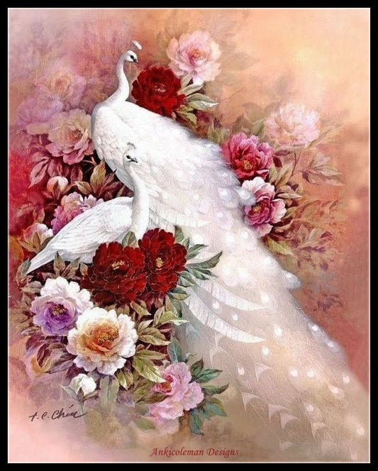 White Peacocks and Peony - Counted Cross Stitch Patterns Embroidery Crafts Needlework DIY Chart DMC Color