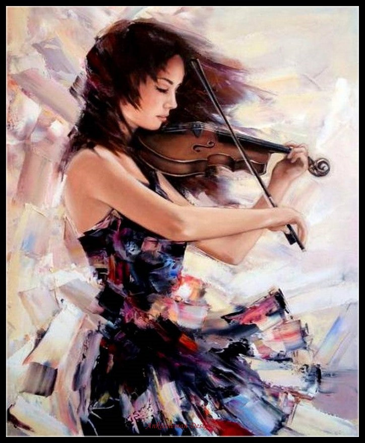 Girl playing the Violin - Counted Cross Stitch Patterns Embroidery Crafts Needlework DIY Chart DMC Color