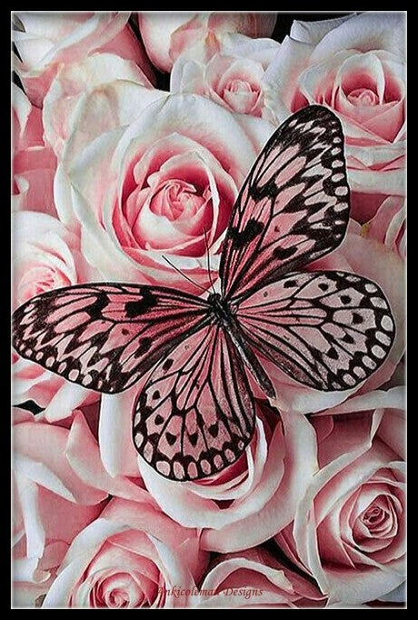 Rose Butterfly - Red - Counted Cross Stitch Patterns Embroidery Crafts Needlework DIY Chart DMC Color