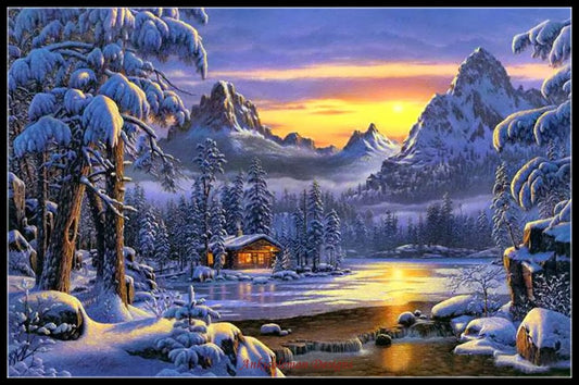 Evening on Mountain Lake - Counted Cross Stitch Patterns Embroidery Crafts Needlework DIY Chart DMC Color