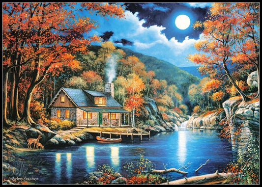 Moonlit Cabin - Counted Cross Stitch Patterns Embroidery Crafts Needlework DIY Chart DMC Color