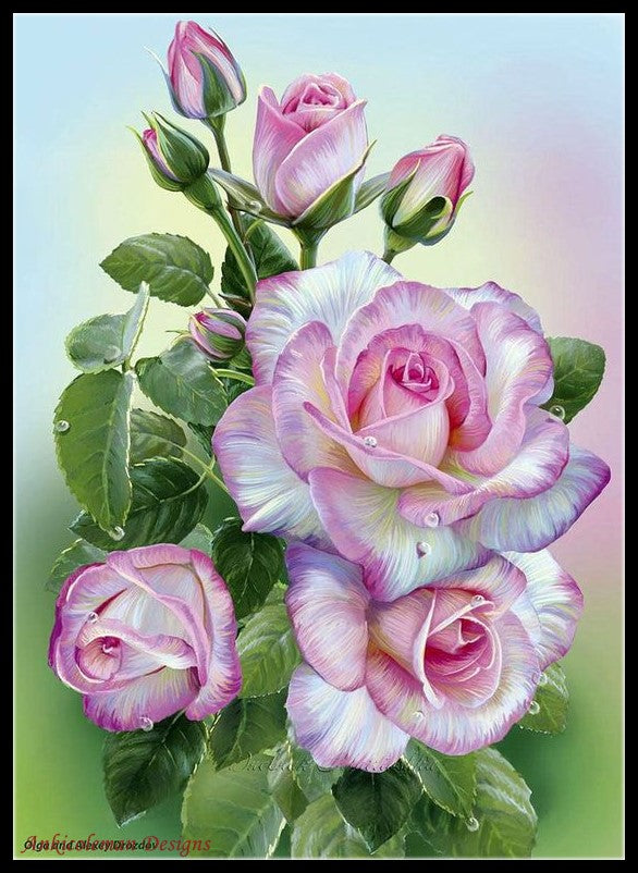 Morning Roses - Counted Cross Stitch Patterns Embroidery Crafts Needlework DIY Chart DMC Color