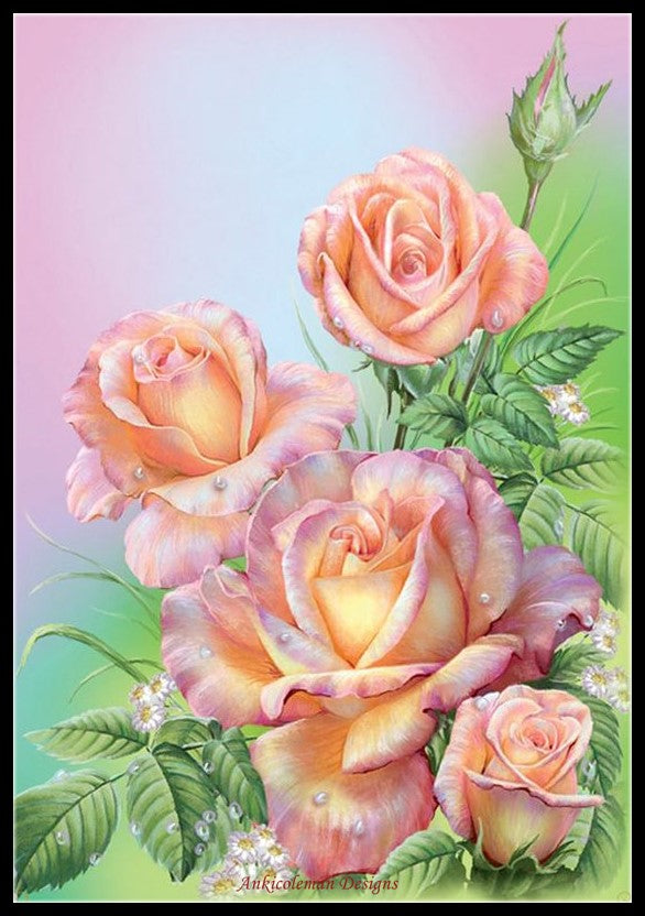 Waterdrop Pink Roses - Counted Cross Stitch Patterns Embroidery Crafts Needlework DIY Chart DMC Color