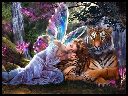 Fairy with Tiger - Counted Cross Stitch Patterns Embroidery Crafts Needlework DIY Chart DMC Color