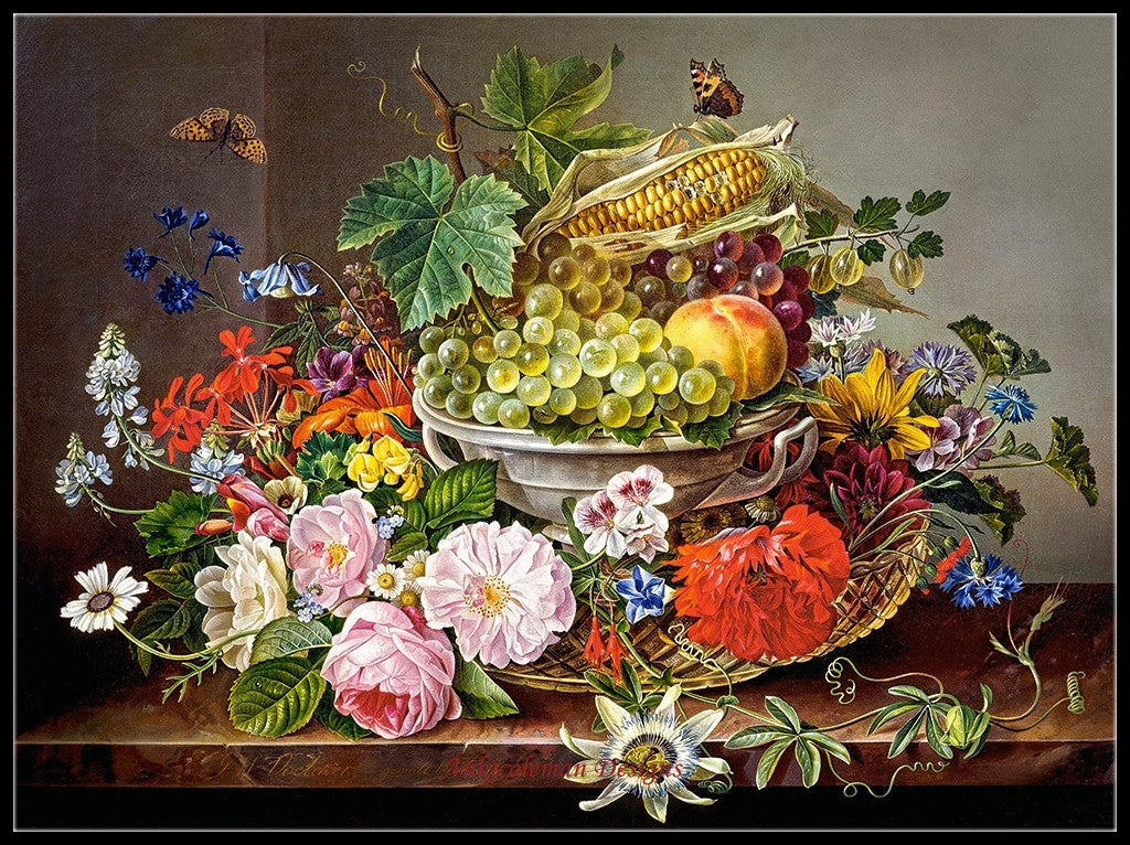 Still Life with Flowers and Fruit Basket - Counted Cross Stitch Patterns Embroidery Crafts Needlework DIY Chart DMC Color