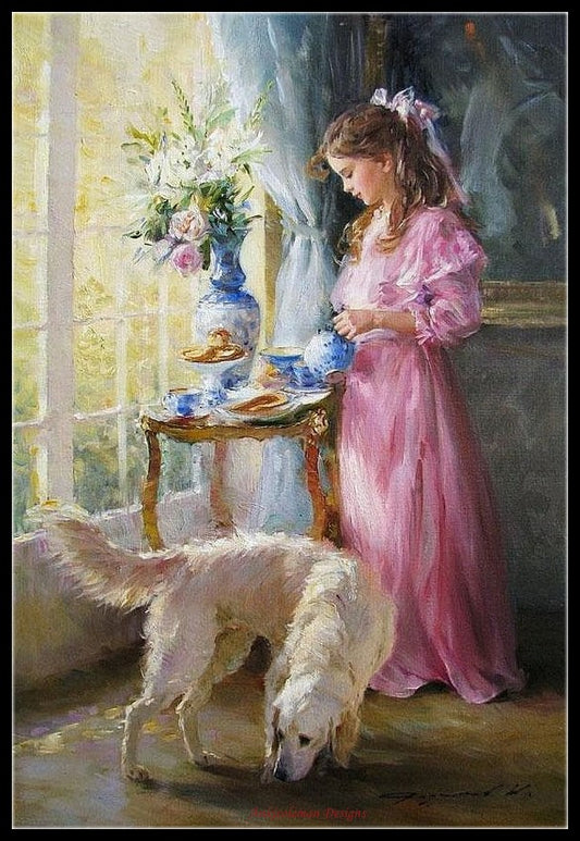 Girl with Dog - Counted Cross Stitch Patterns Embroidery Crafts Needlework DIY Chart DMC Color