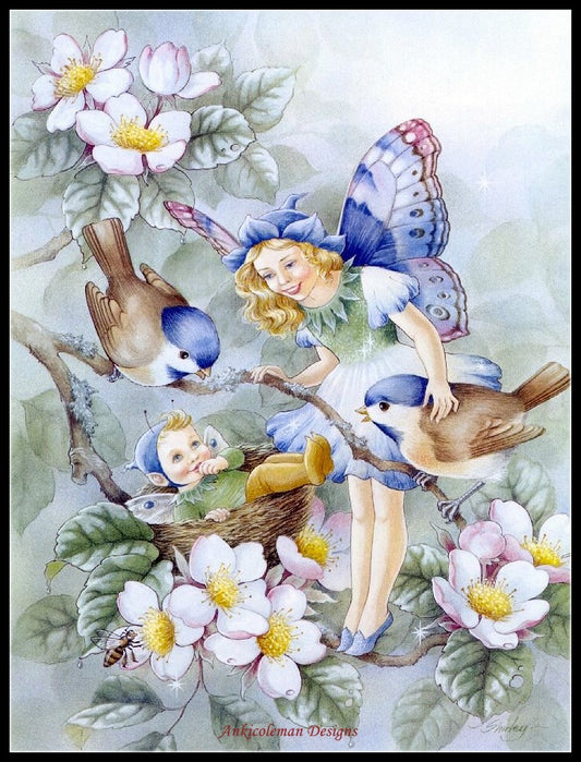 Fairy with Sparrow - Counted Cross Stitch Patterns Embroidery Crafts Needlework DIY Chart DMC Color