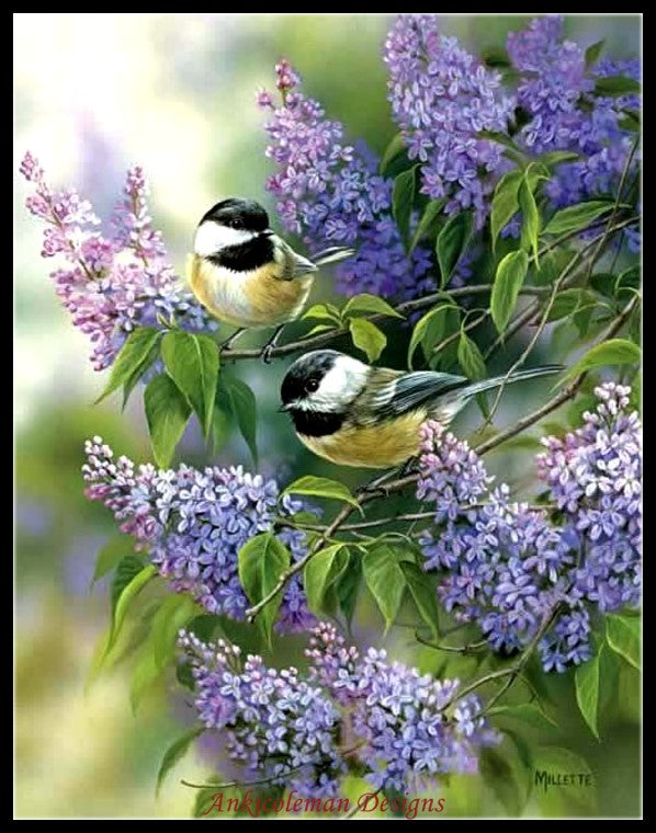 Chickadees and Lilacs - Counted Cross Stitch Patterns Embroidery Crafts Needlework DIY Chart DMC Color