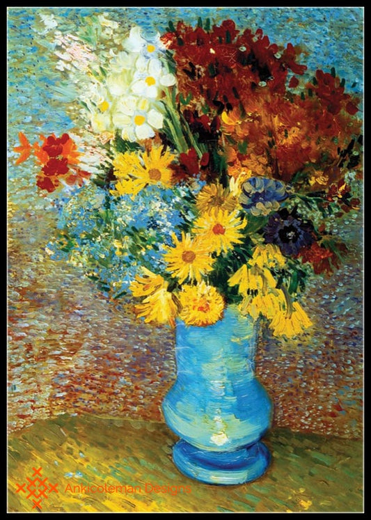 Flowers in Blue Vase - Counted Cross Stitch Patterns Embroidery Crafts Needlework DIY Chart DMC Color