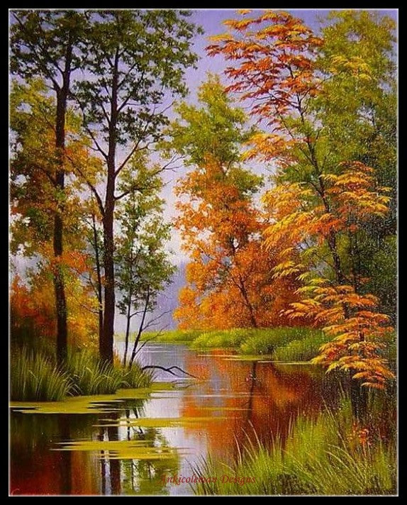 Autumn River - Counted Cross Stitch Patterns Embroidery Crafts Needlework DIY Chart DMC Color