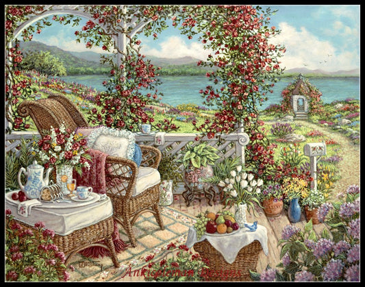 Breakfast on the Veranda - Counted Cross Stitch Patterns Embroidery Crafts Needlework DIY Chart DMC Color