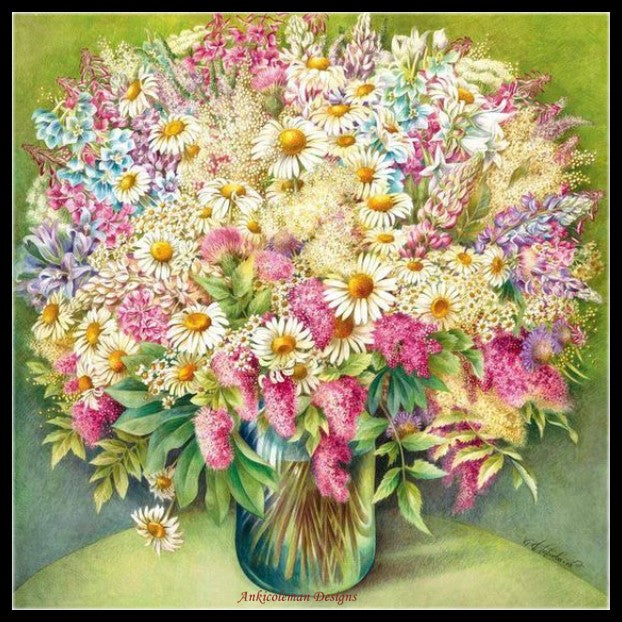 Blooming Flowers in Vase I - Counted Cross Stitch Patterns Embroidery Crafts Needlework DIY Chart DMC Color