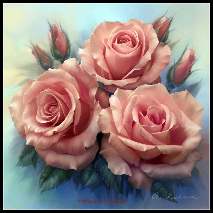 Pink Roses 3 - Counted Cross Stitch Patterns Embroidery Crafts Needlework DIY Chart DMC Color