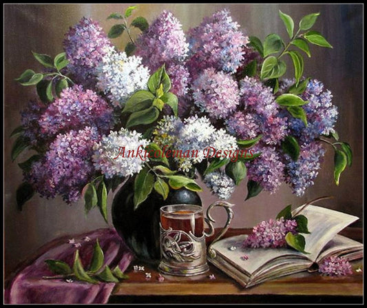 Tea with Lilacs - Counted Cross Stitch Patterns Embroidery Crafts Needlework DIY Chart DMC Color