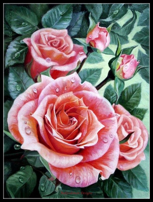 Morning Roses - Counted Cross Stitch Patterns Embroidery Crafts Needlework DIY Chart DMC Color