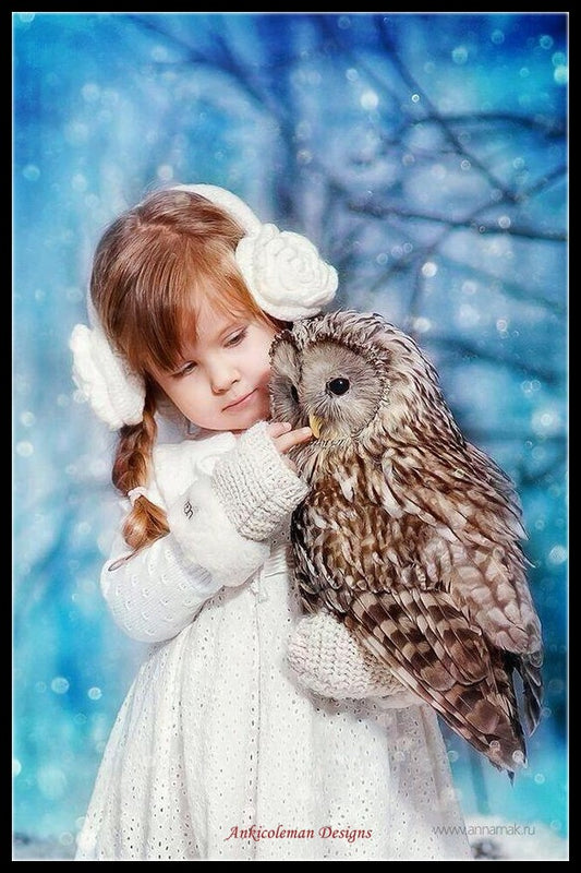 Little Girl and Owl - Counted Cross Stitch Patterns Embroidery Crafts Needlework DIY Chart DMC Color