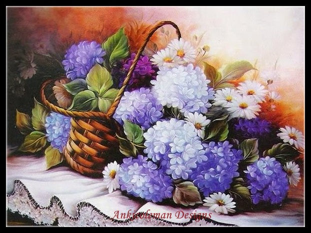 Basket with Flowers - Counted Cross Stitch Patterns Embroidery Crafts Needlework DIY Chart DMC Color