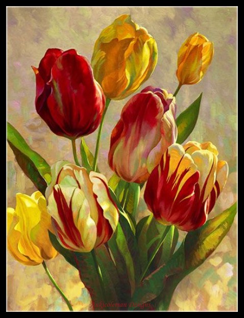 Fresh Tulips - Counted Cross Stitch Patterns Embroidery Crafts Needlework DIY Chart DMC Color