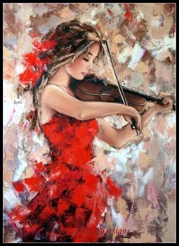 Girl playing the Violin 2 - Counted Cross Stitch Patterns Embroidery Crafts Needlework DIY Chart DMC Color