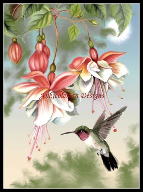 Fuchsia and Hummingbird - Counted Cross Stitch Patterns Embroidery Crafts Needlework DIY Chart DMC Color