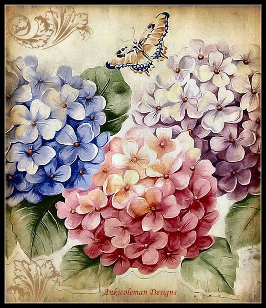 Butterflies Hydrangea 2 - Counted Cross Stitch Patterns Embroidery Crafts Needlework DIY Chart DMC Color