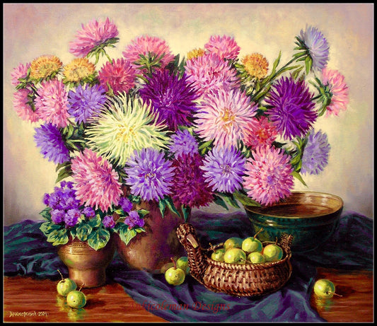 Asters and Chinese Apples - Counted Cross Stitch Patterns Embroidery Crafts Needlework DIY Chart DMC Color