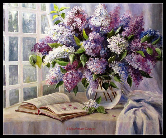 Lilac in Vase - Counted Cross Stitch Patterns Embroidery Crafts Needlework DIY Chart DMC Color