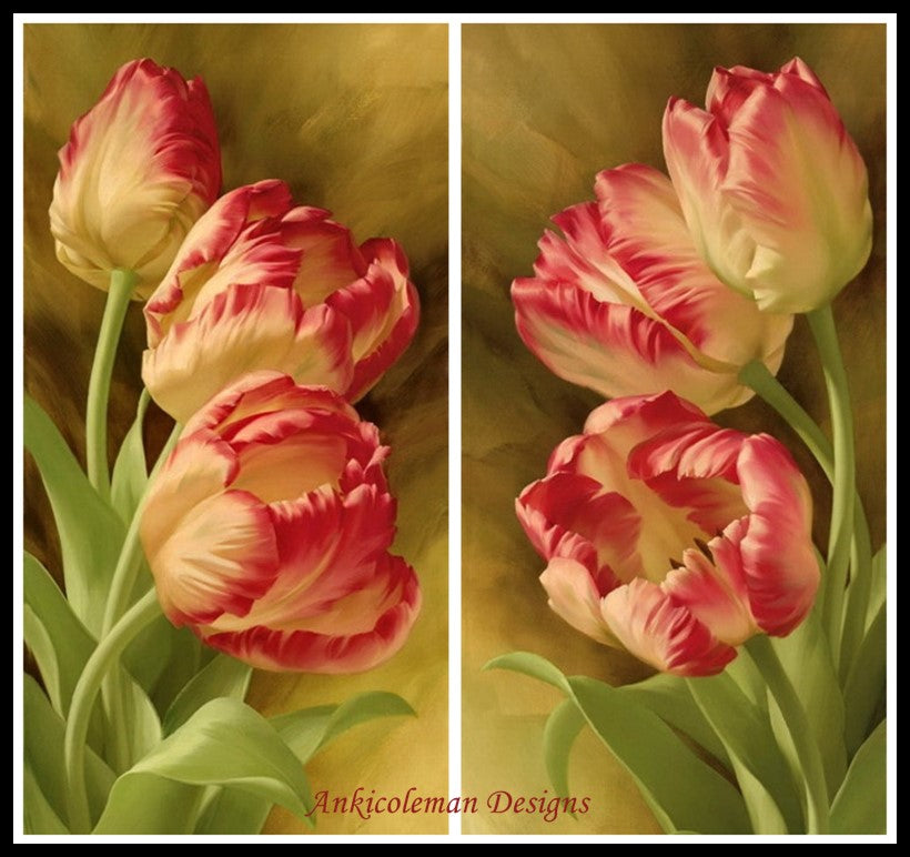 Double Tulips - Counted Cross Stitch Patterns Embroidery Crafts Needlework DIY Chart DMC Color