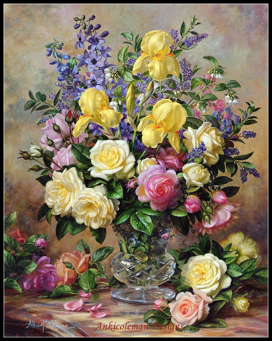 Flowers in a Glass Vase - Counted Cross Stitch Patterns Embroidery Crafts Needlework DIY Chart DMC Color