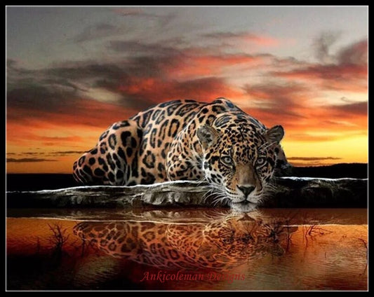 Leopard at Sunset - Counted Cross Stitch Patterns Embroidery Crafts Needlework DIY Chart DMC Color