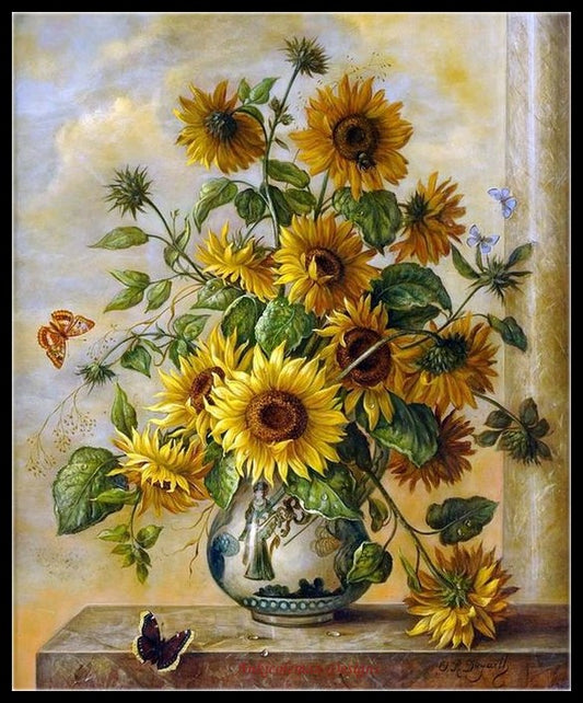 Sunflowers in Vase - Counted Cross Stitch Patterns Embroidery Crafts Needlework DIY Chart DMC Color