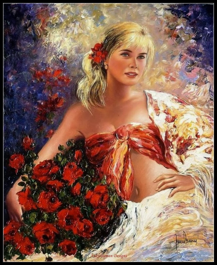 Girl with Red Flowers - Counted Cross Stitch Patterns Embroidery Crafts Needlework DIY Chart DMC Color