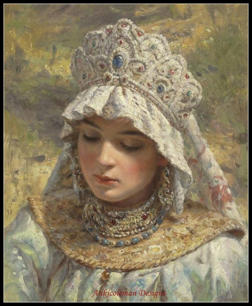 Russian Beauty Wearing a Kokoshnik - Counted Cross Stitch Patterns Embroidery Crafts Needlework DIY Chart DMC Color