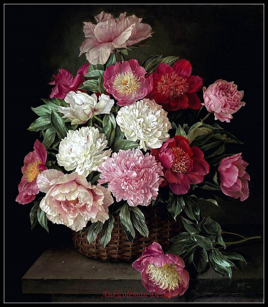 Peonies in Basket - Counted Cross Stitch Patterns Embroidery Crafts Needlework DIY Chart DMC Color