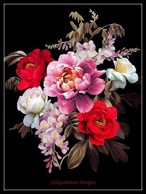 Black Background Flowers 1 - Counted Cross Stitch Patterns Embroidery Crafts Needlework DIY Chart DMC Color