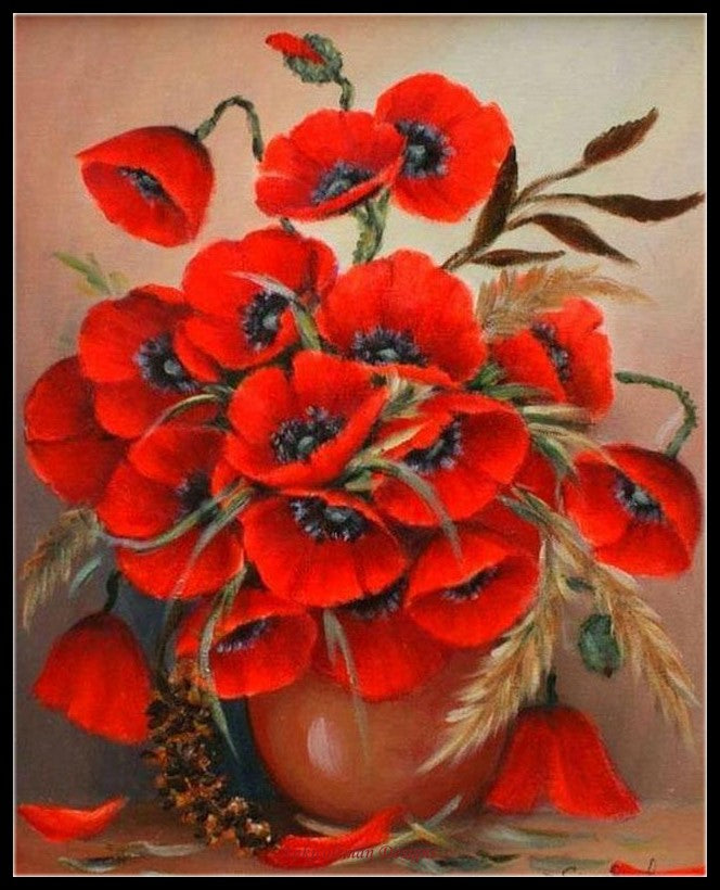 Red Poppies in Neutral Vase - Counted Cross Stitch Patterns Embroidery Crafts Needlework DIY Chart DMC Color