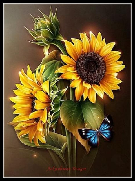 Sunflowers with Blue Butterfly - Counted Cross Stitch Patterns Embroidery Crafts Needlework DIY Chart DMC Color