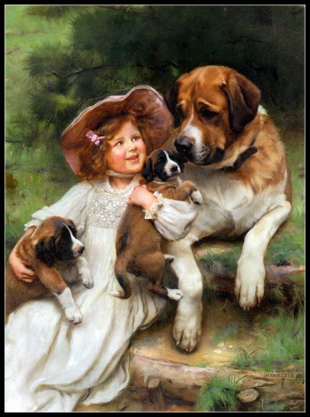 Girl with Puppy 3 - Counted Cross Stitch Patterns Embroidery Crafts Needlework DIY Chart DMC Color