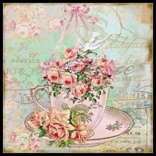 Vintage Inspired Tea Cup 4 - Counted Cross Stitch Patterns Embroidery Crafts Needlework DIY Chart DMC Color