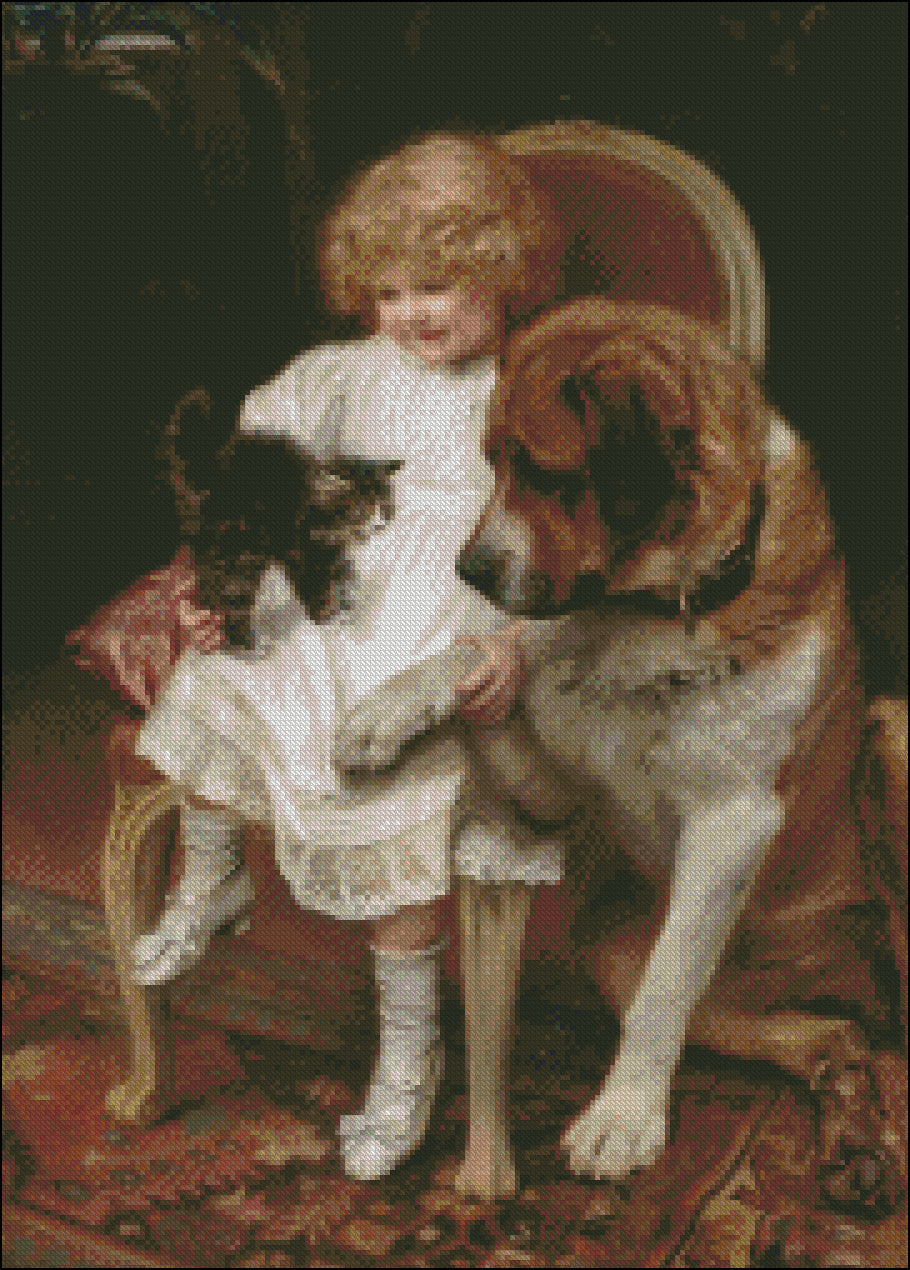 Girl with Puppy 6 - Counted Cross Stitch Patterns Embroidery Crafts Needlework DIY Chart DMC Color