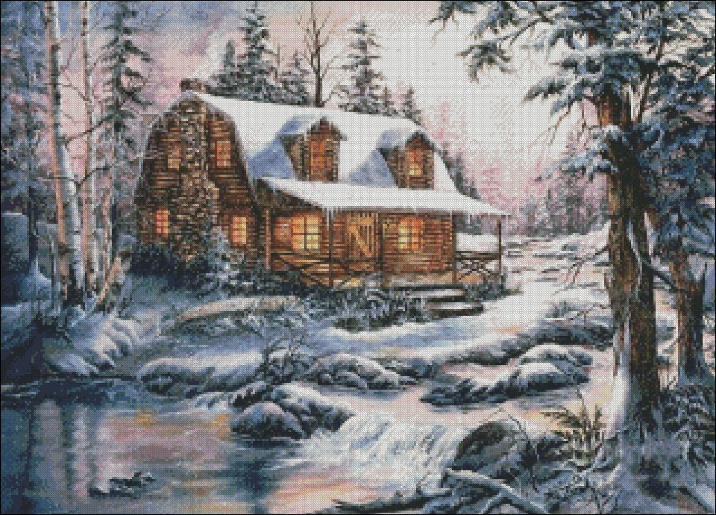 Cabin in Snow - Counted Cross Stitch Patterns Embroidery Crafts Needlework DIY Chart DMC Color