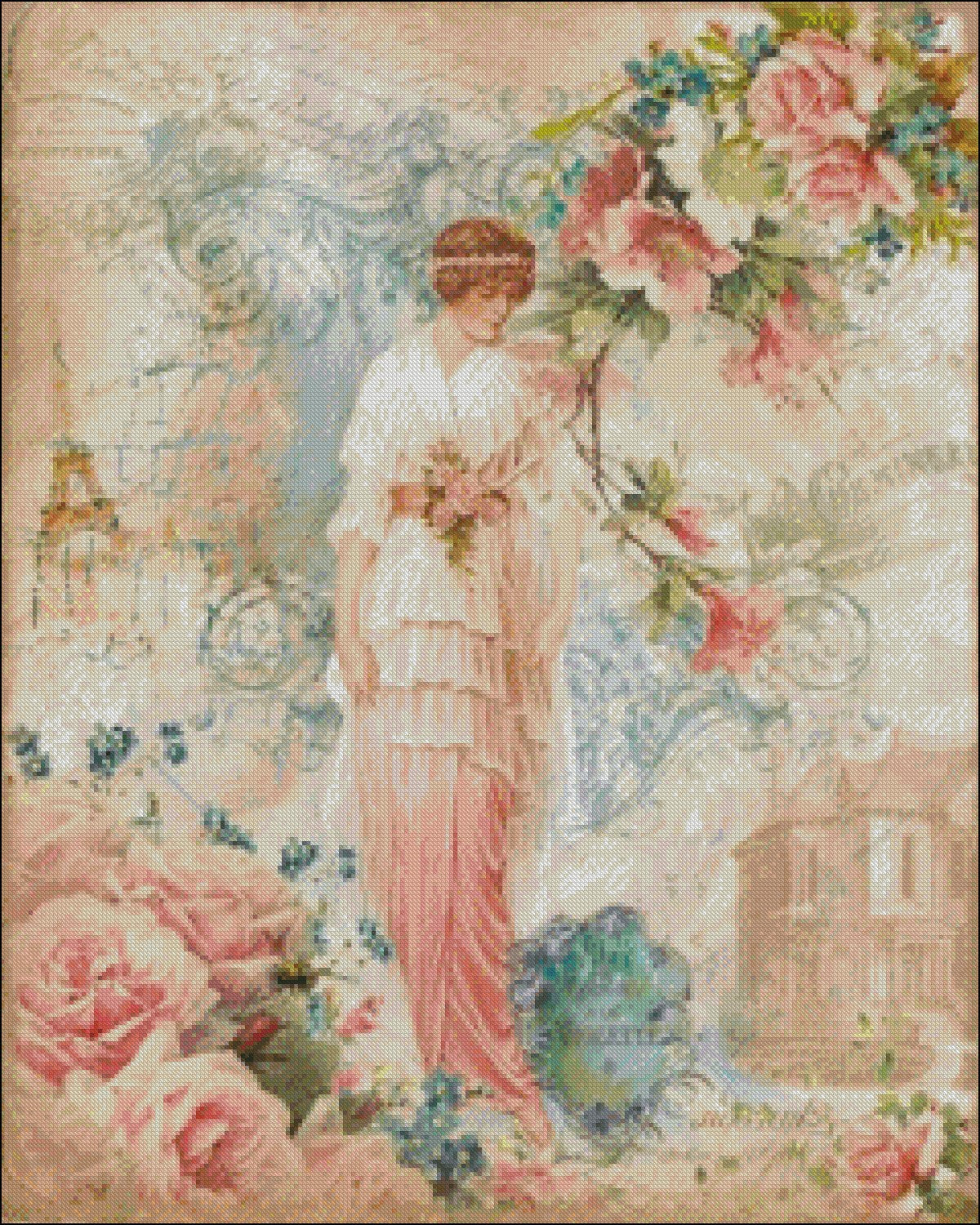 Victorian Pink Lady - Counted Cross Stitch Patterns Embroidery Crafts Needlework DIY Chart DMC Color