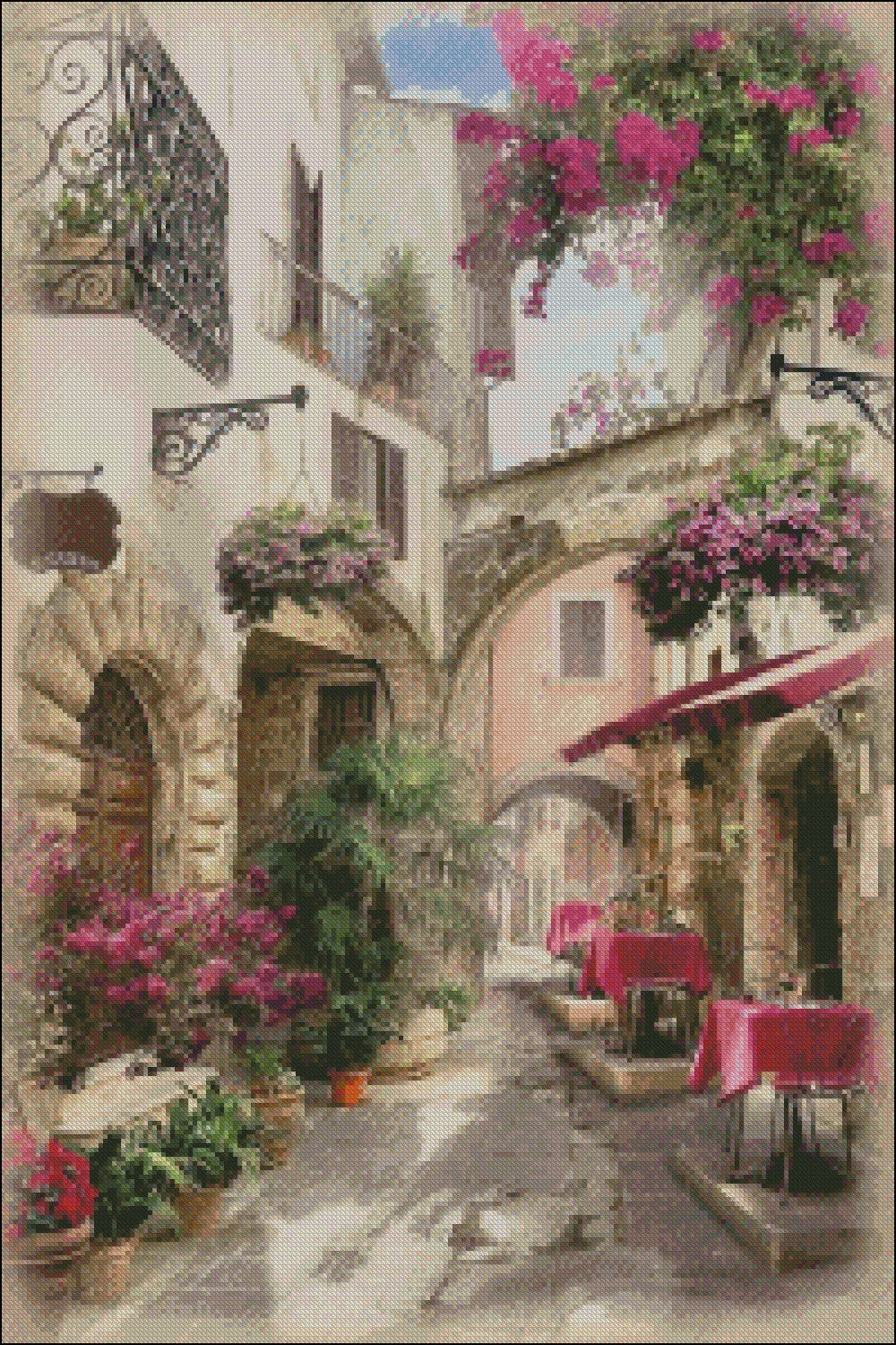 Cafe in Alley 2 - Counted Cross Stitch Patterns Embroidery Crafts Needlework DIY Chart DMC Color